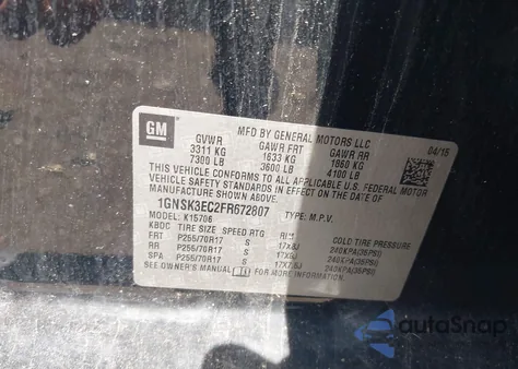 2015 Chevrolet Tahoe Commercial Fleet from USA, damaged, VIN 1GNSK3EC2FR672807